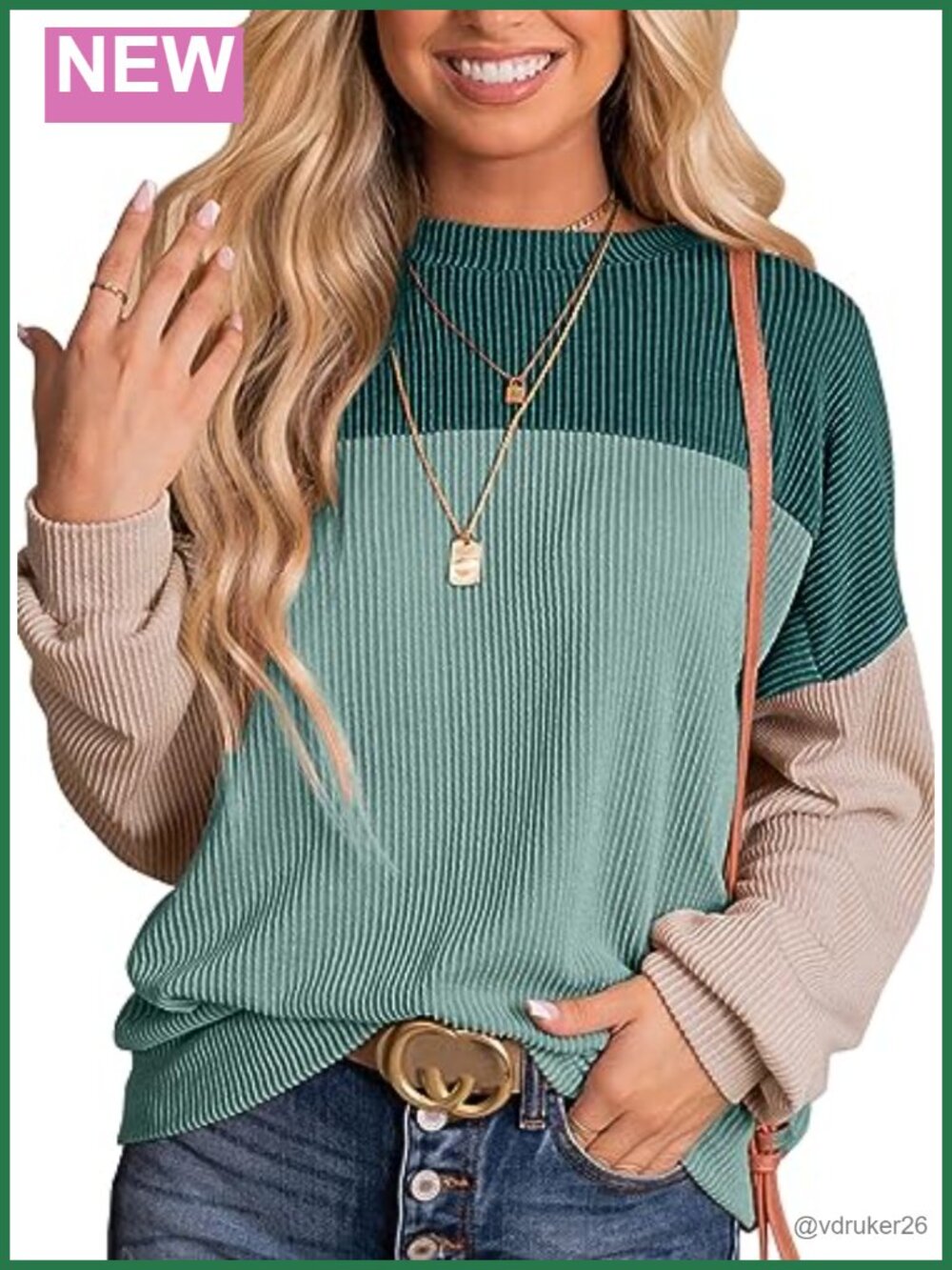 Womens Color Block Long Sleeve Ribbed Knit Tunic Blouse Casual Loose Fit